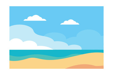 Fototapeta premium Serene Beach Scene Calm Ocean, Blue Sky, and Sandy Shores
