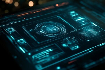 Futuristic interactive display with glowing turquoise interface elements

