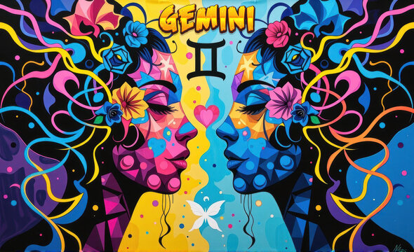 psychedelic style retro gemini sign background
