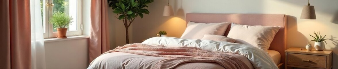 Cozy and inviting bedroom, decorated with soft textures and calming colors, perfect for relaxation and rest Ideal for a peaceful and serene atmosphere , interior, calm, tidy