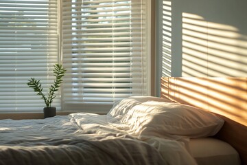 Sunlit bedroom with Venetian blinds and beige linens