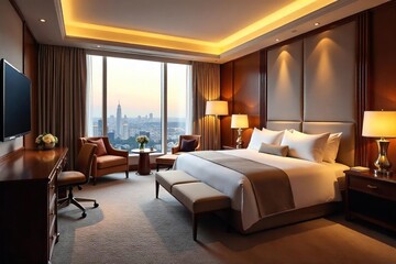 Fototapeta premium Indulge in opulent comfort A lavish hotel suite boasts a king-size bed, plush furnishings, and breathtaking city views from a large window , resort, modern