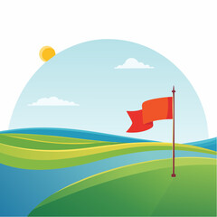 A vibrant illustration of a golf course scene featuring a red flag waving in the wind, a sunny sky, and rolling green hills.