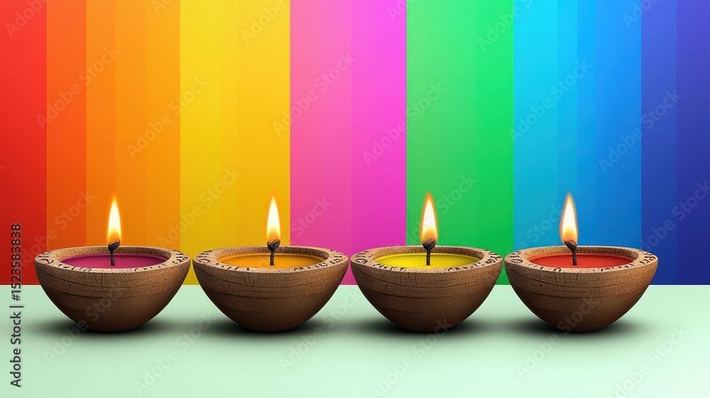 Poster four colorful candles in coconut shell holders are arranged in a row against a vibrant rainbow backd