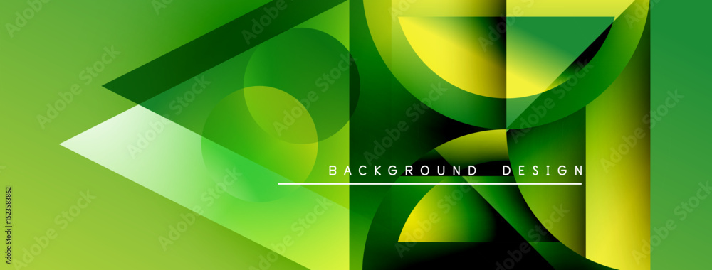 Poster Abstract green gradients, geometric shapes overlap. Modern design features dynamic lines, text reads background design.