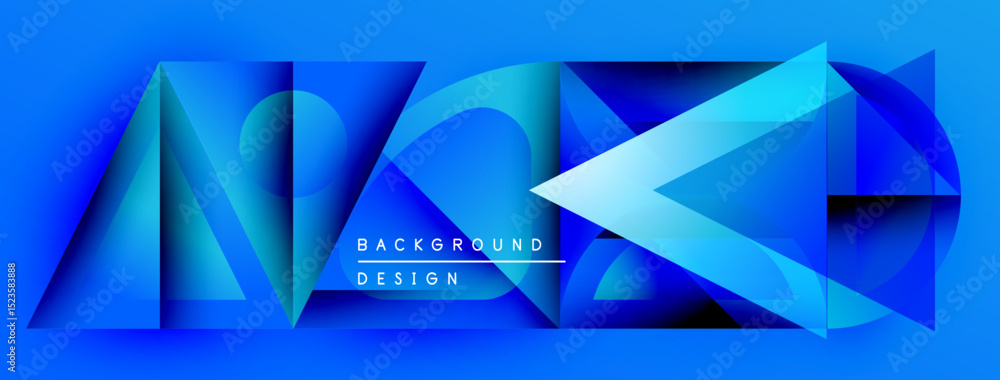 Poster Abstract blue geometric shapes create dynamic background. Gradient colors, sharp angles, modern design elements present.