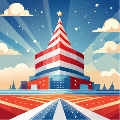 Artistic illustration of a patriotic building with red, white, and blue colors, a star on top, and a road leading towards it under a blue sky.