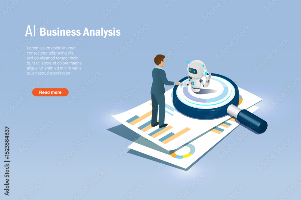 Poster businessman handshake with ai robot on magnifying glass and business report. artificial intelligence