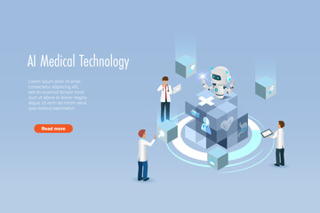 Doctors and AI robot on blockchain technology with medical data network connecting. Artificial intelligence innovation technology for medical diagnosis, care, and increasing accuracy patient treatment