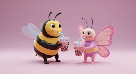 Obraz premium Adorable Bee and Butterfly Enjoying Bubble Tea