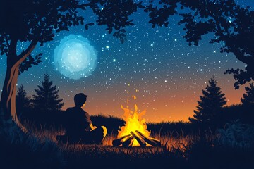 Digital Illustration of Campfire Scene with Figures Under Starry Night Sky