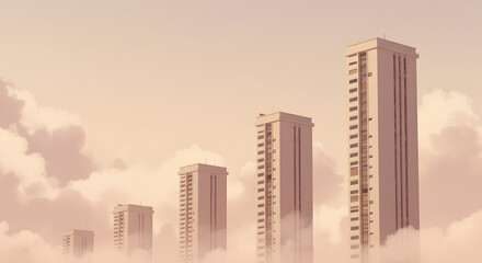 Obraz premium Tall skyscrapers standing against a sky with a warm, golden hour glow, suggesting an urban landscape at sunset or sunrise. Represents city life, business, architecture, and growth. 