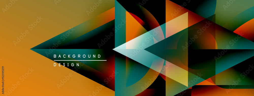 Poster Abstract geometric design. Overlapping triangles create dynamic visual effect. Warm, cool colors blend seamlessly. Modern background texture.
