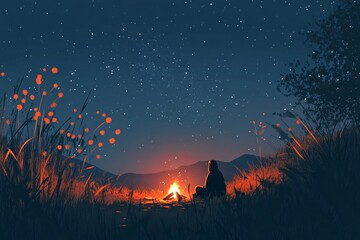 Digital Painting of Campfire Scene with Starry Night Sky