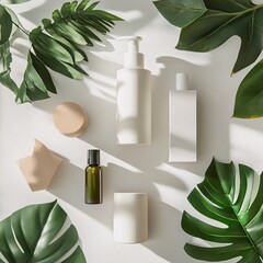 Flat Lay of Cosmetic Products with Tropical Leaves on White Surface