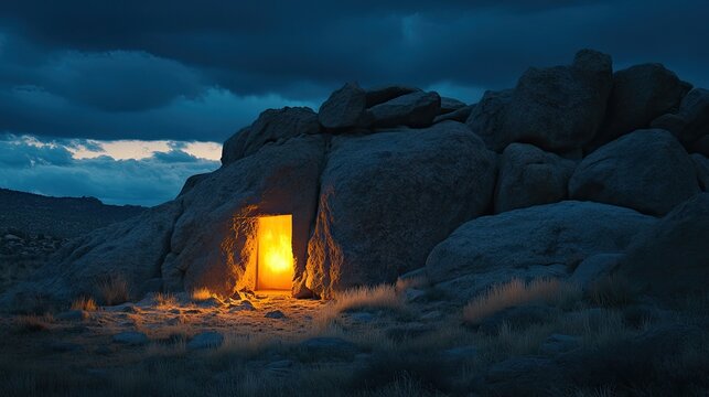 Illuminated opening in dark rock formations at twilight. - Powered by Adobe