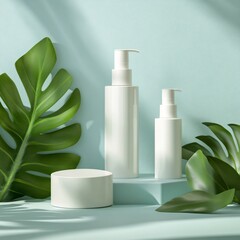 Minimalist Skincare Display with White Pump Bottles and Tropical Leaves