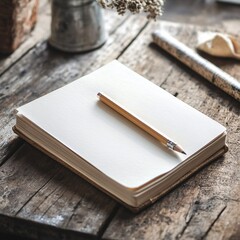 Blank Notebook with Pencil on Weathered Wooden Table