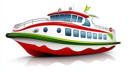 Naklejka premium Illustration of a red, white, and green hydrofoil boat with multiple windows, set against a clean white backdrop, casting a soft shadow to enhance