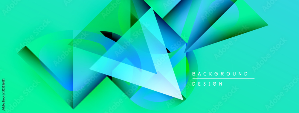 Poster abstract geometric shapes overlap, creating vibrant turquoise gradients. background suggests modern 