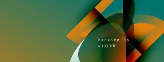 Abstract geometric shapes overlap, creating vibrant color gradients. Modern design elements suggest dynamic visual experience.