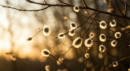 Fototapeta premium Delicate willow branches with soft buds bathed in golden sunlight creating a spring vibe