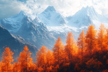 Vibrant autumn forest with snow-capped mountain backdrop and dramatic sunlight