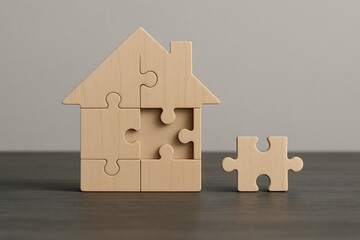 Wooden Puzzle House Symbol of Home Building, Real Estate, and Property Development, Representing the Process of Assembling a Home, Piece by Piece