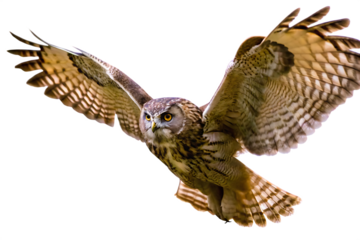   brown owl flying flapping its wings isolated on white background PNG