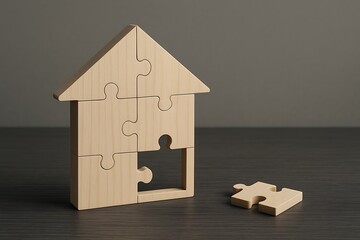 Wooden Puzzle House Symbol of Home Building, Real Estate, and Family Unity
