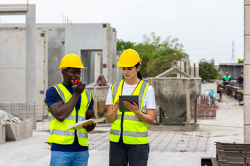 Two civil engineers from different cultures and ethnicities working together in a precast factory. Workers using tablet and walkie talkie in a factory production system. Gender in a factory