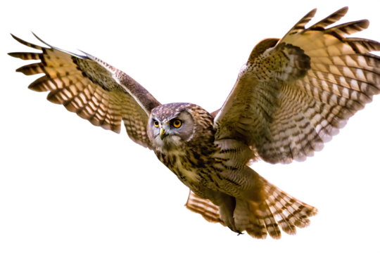   brown owl flying flapping its wings isolated on white background PNG