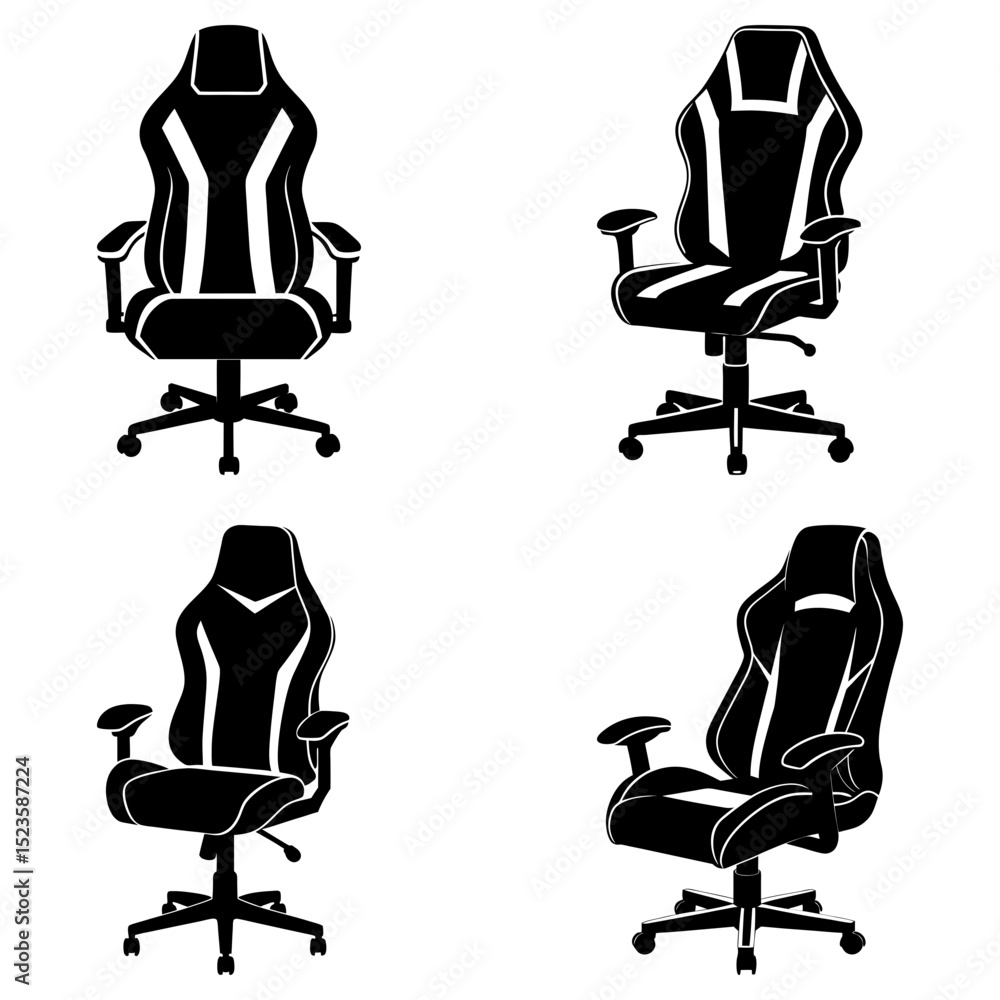 Aufkleber four black and white gaming chairs are displayed in a grid pattern on a white background image setup