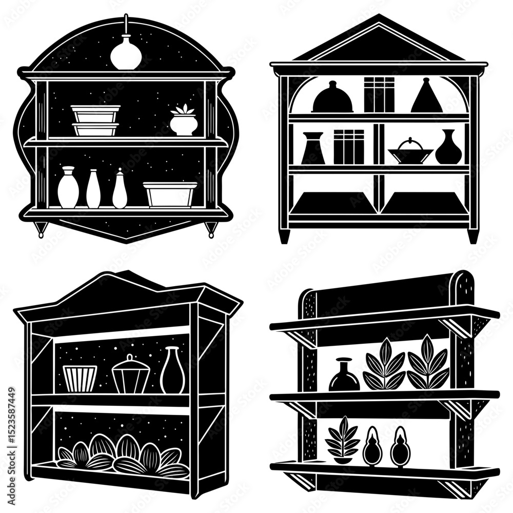 Poster four unique black and white shelving units displaying various decorative items on multiple levels ea