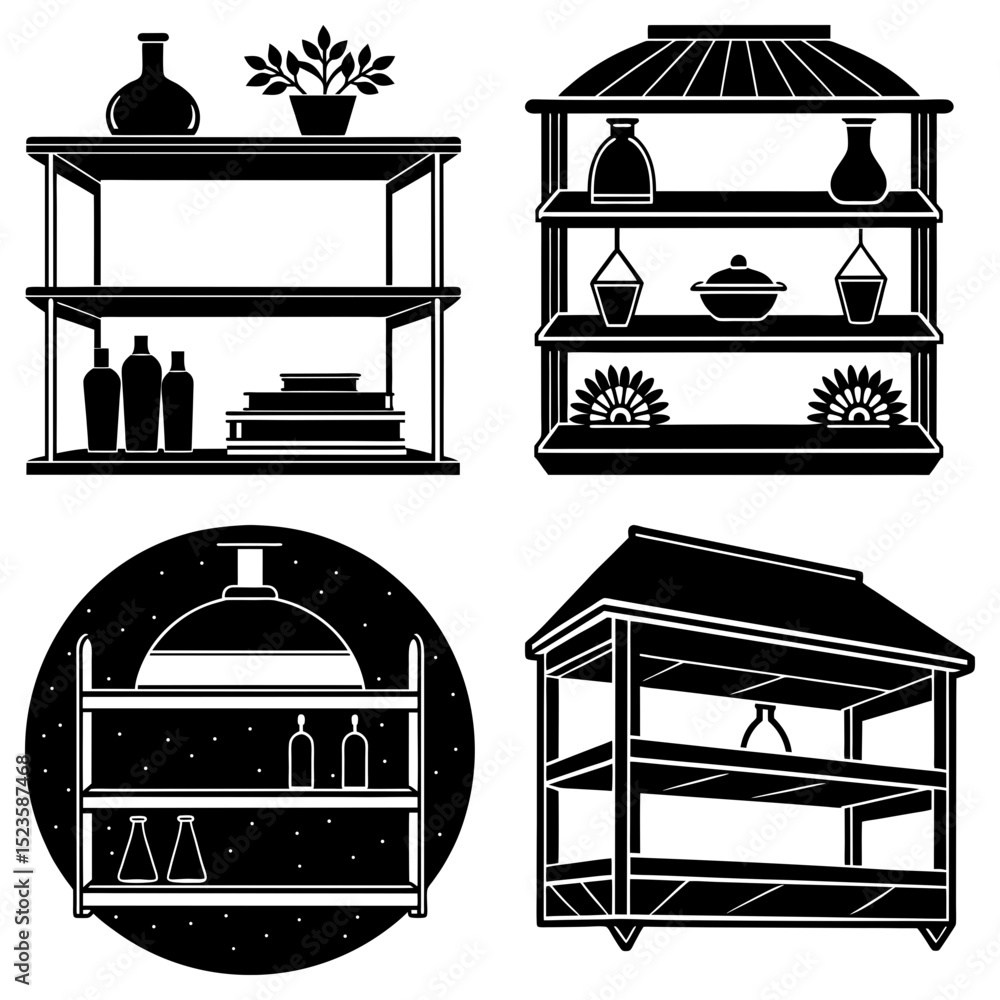 Aufkleber four different shelf arrangements with various items displayed in a black and white vector illustrat