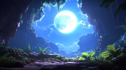 Moonlit cave view natural landscape with tropical vegetation night sky scenery