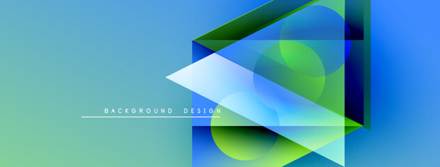 Abstract geometric shapes overlap, creating vibrant blue, green gradients. Minimalist design features text background, design. Smooth transitions dominate composition.