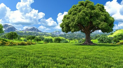 Fototapeta premium Lush green field stretches under a bright blue sky dotted with fluffy white clouds, while a solitary mature tree stands prominently in the