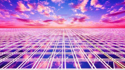 Surreal grid against vibrant sky scene