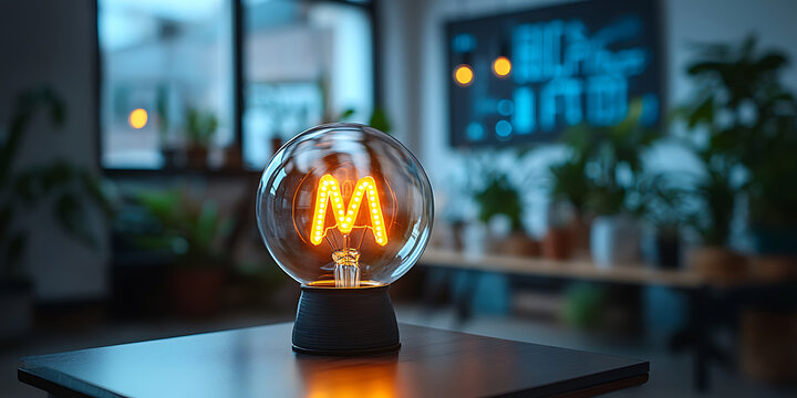 Decorative m initial lightbulb on table contemporary interior design idea and creative lighting fixture minimalist room - Powered by Adobe