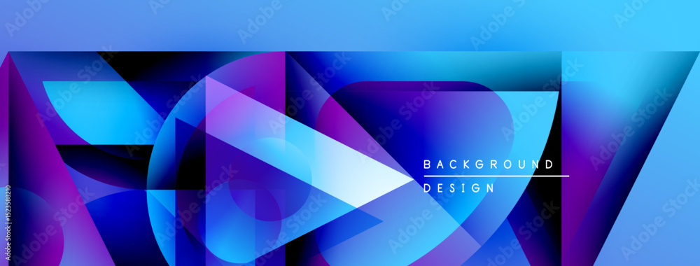 Poster abstract geometric shapes, vibrant blues, purples create dynamic background. modern design elements 