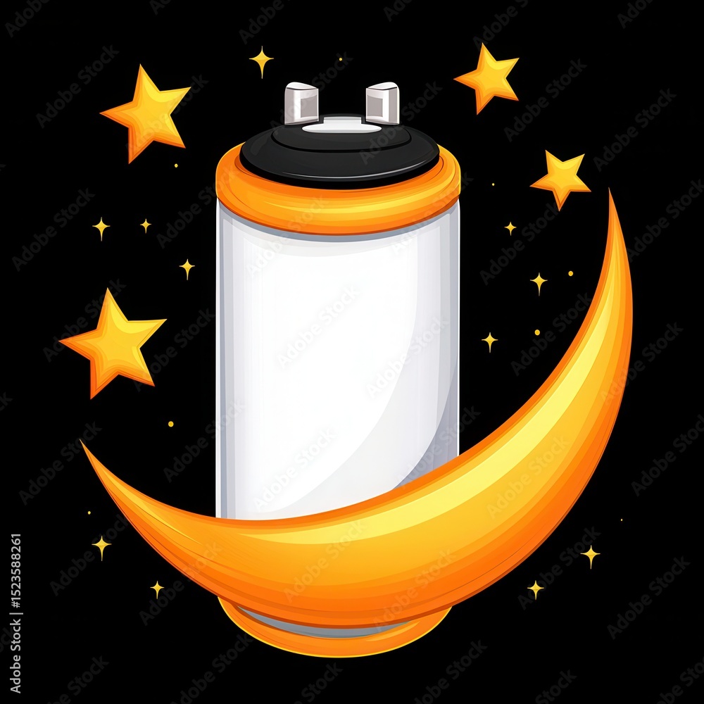 Aufkleber orange and white cylindrical object surrounded by a crescent moon and stars on a black background. t