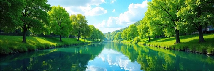 Obraz premium Serene summer scene of a calm waterway reflecting lush green trees and a clear blue sky Perfect for travel, vacation, or nature-themed projects , nature, idyllic