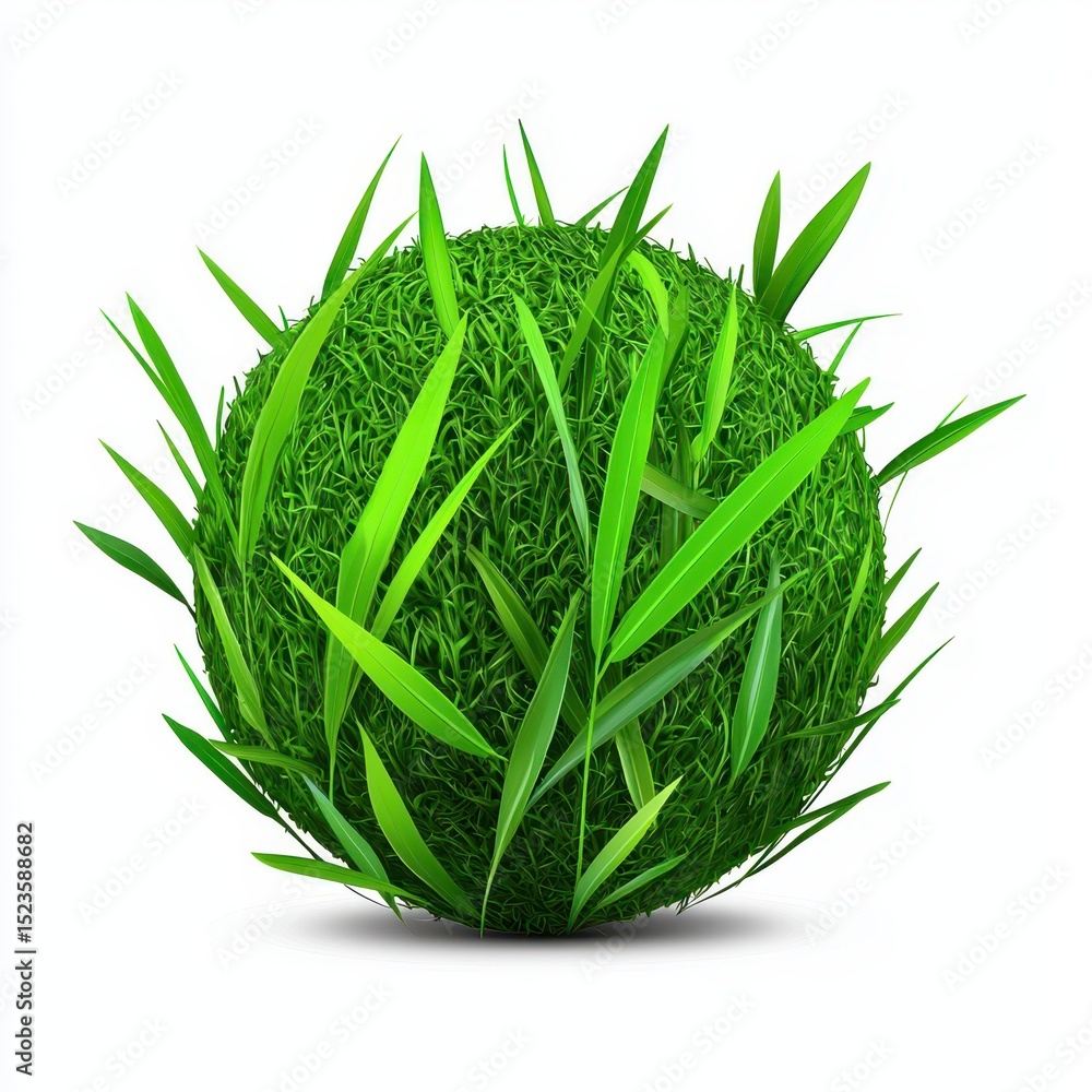 Poster vibrant green grass blades form a spherical shape against a stark white background. the image is dig