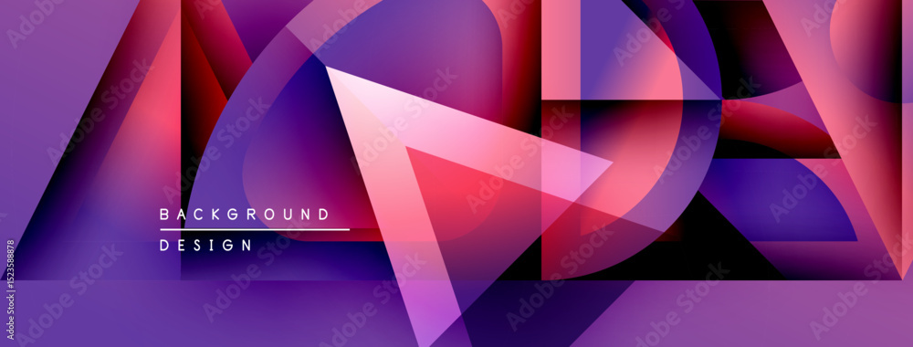 Poster abstract geometric shapes overlap, creating vibrant purple gradient background. modern design elemen