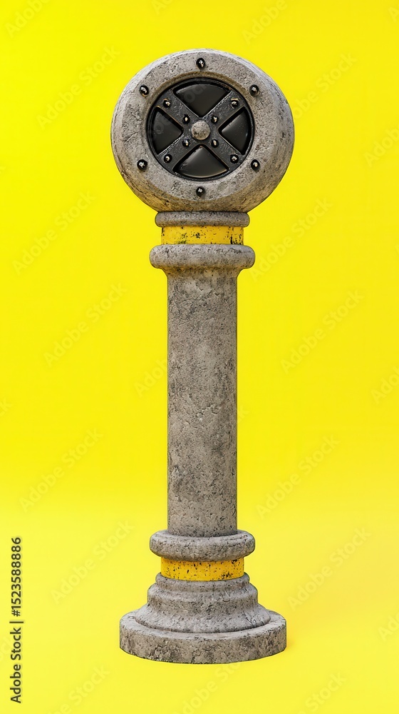 Poster stone pillar with a circular top, featuring a metallic design element against a vibrant yellow backg