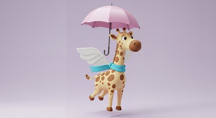 Adorable Flying Giraffe Under Pink Umbrella