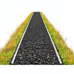 Obraz premium A straight asphalt road stretches into the distance with green grass on either side. A white line runs along the road's edge, set against a clean