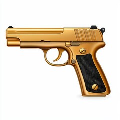 A golden pistol firearm against a clean white backdrop, highlighting its metallic shine, sleek design, and black textured grip for contrast and