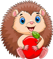 Illustration of Cute hedgehog cartoon smiling while holding an apple